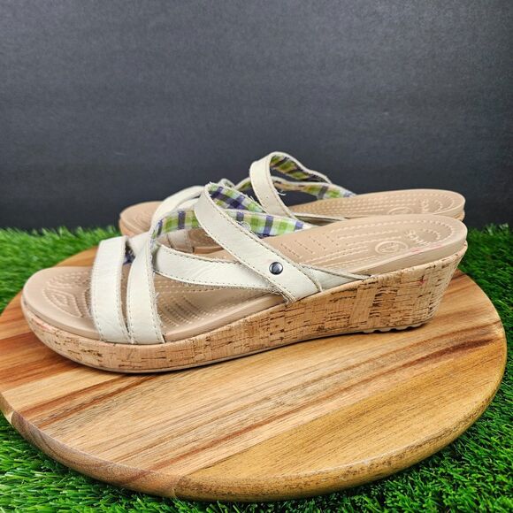 Crocs A Leigh Sandals Womens 10 Strappy Beige Slip On Casual Wedge Heels 11847 - Picture 7 of 13